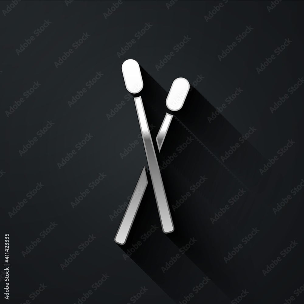 Silver Drum sticks icon isolated on black background. Musical instrument. Long shadow style. Vector. Silver Drum sticks icon isolated on black background. Musical instrument. Long shadow style. Vector.