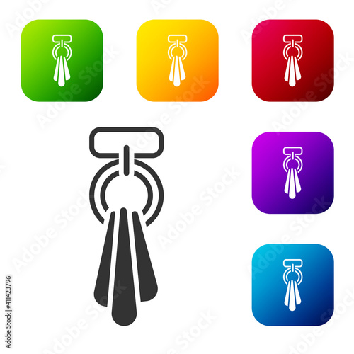 Black Towel on a hanger icon isolated on white background. Bathroom towel icon. Set icons in color square buttons. Vector.