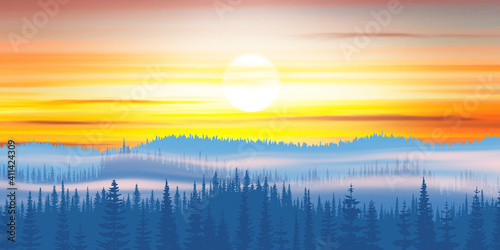 Picturesque morning view. Dawn, mountain taiga in the fog.