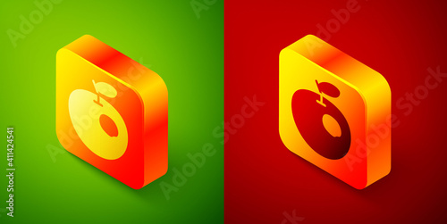 Isometric Genetically modified apple icon isolated on green and red background. GMO fruit. Square button. Vector.