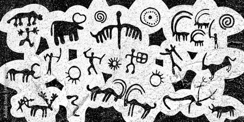 Panel on the ethnic theme. A series of petroglyphs, rock paintings. Vector design. photo