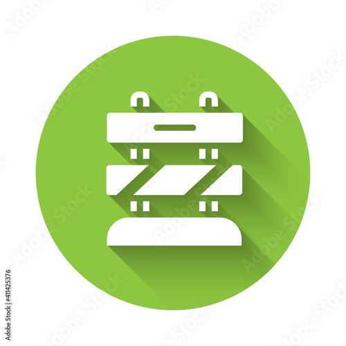 White End of railway tracks icon isolated with long shadow. Stop sign. Railroad buffer end to destination. Green circle button. Vector.