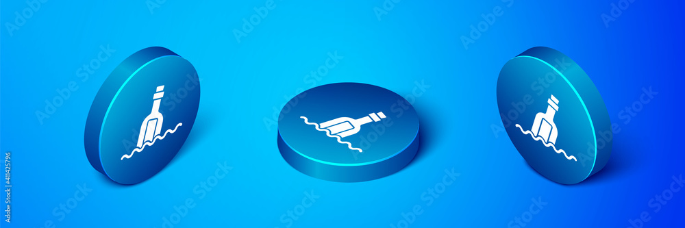 Isometric Glass bottle with a message in water icon isolated on blue background. Letter in the bottle. Pirates symbol. Blue circle button. Vector. Isometric Glass bottle with a message in water icon isolated on blue background. Letter in the bottle. Pirates symbol. Blue circle button. Vector.