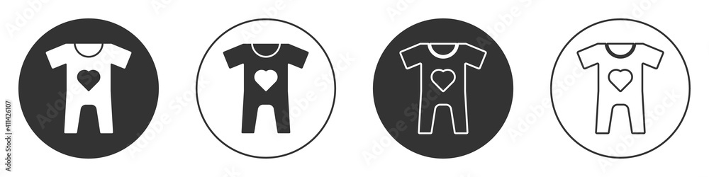 Black Baby clothes icon isolated on white background. Baby clothing for baby girl and boy. Baby bodysuit. Circle button. Vector. Black Baby clothes icon isolated on white background. Baby clothing for baby girl and boy. Baby bodysuit. Circle button. Vector.
