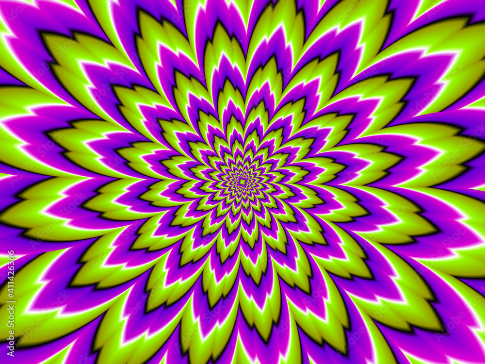 Green and purple flower blossom. Optical expansion illusion.