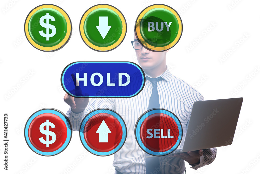 Concept of commercial choices between buying holding and selling