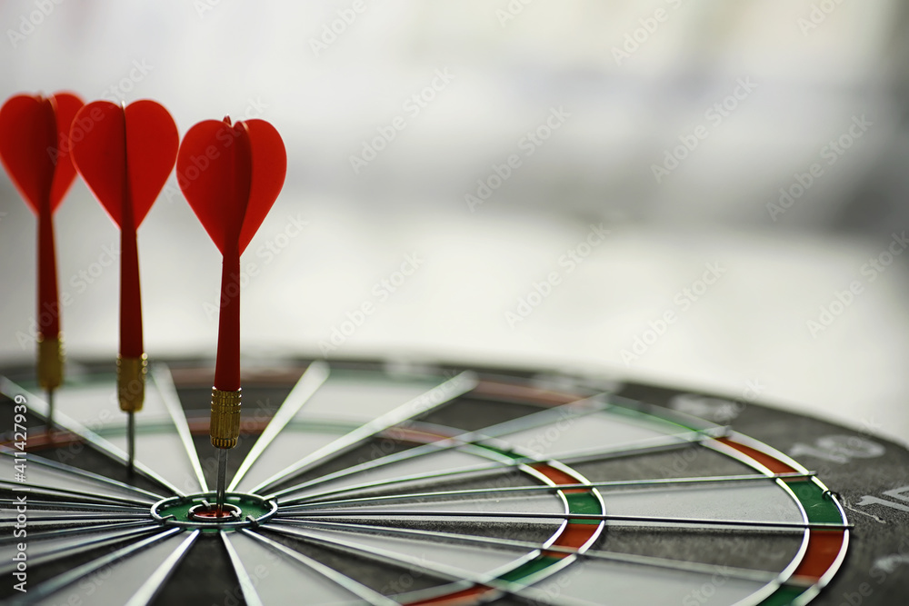 Darts. The dart for playing in the game board is stuck. Hit the sector in darts. The concept of a successful strategy.