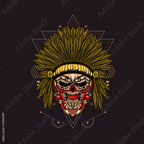 Illustration Indian Skull Robotic Sacred Geometric