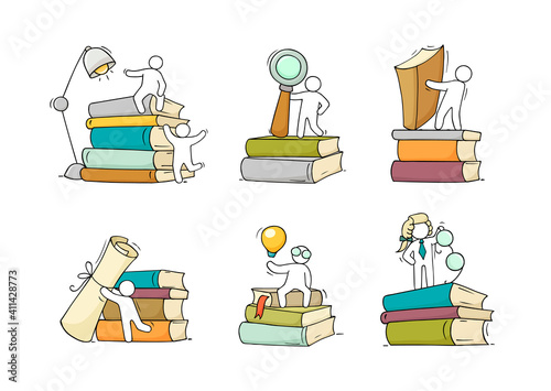 Set sketch of people and books,