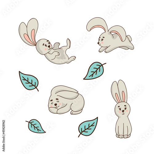 Easter bunny set with leaves. Cute colorful hand drawn flat cartoon design elements. Vector illustration isolated on white background