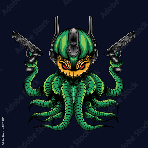 Mecha illustration from Monster Octopus with two weapons in game feel