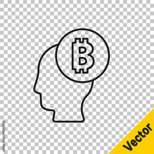 Black line Bitcoin think icon isolated on transparent background. Cryptocurrency head. Blockchain technology, digital money market, cryptocoin wallet. Vector.