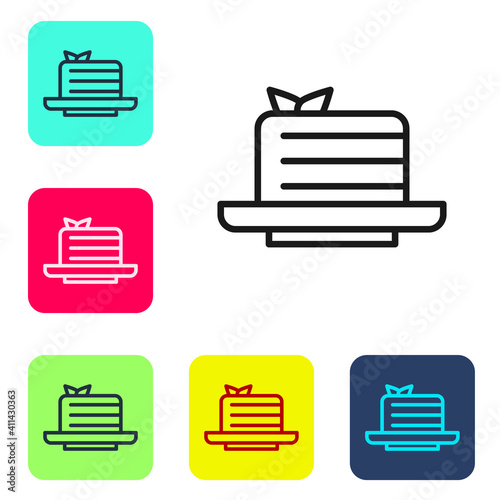 Black line Medovik icon isolated on white background. Honey layered cake or russian cake Medovik on plate. Set icons in color square buttons. Vector.