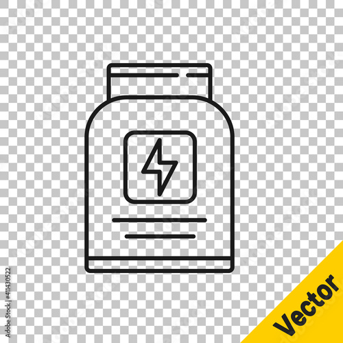 Black line Sports nutrition bodybuilding proteine power drink and food icon isolated on transparent background. Vector.