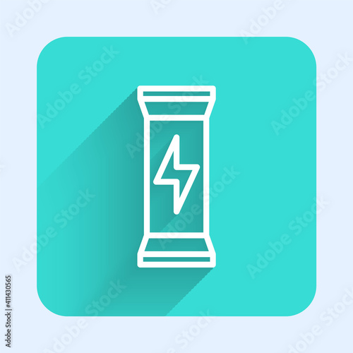 White line Sports nutrition bodybuilding proteine power drink and food icon isolated with long shadow. Green square button. Vector.