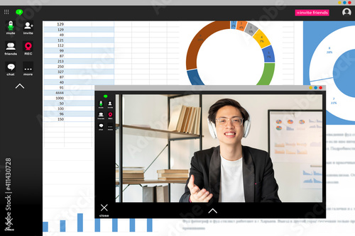 Online conference. Distance learning. Business webinar. Video class. Screenshot of cheerful Asian male coach in headphones explaining economic analysis with charts graphs.