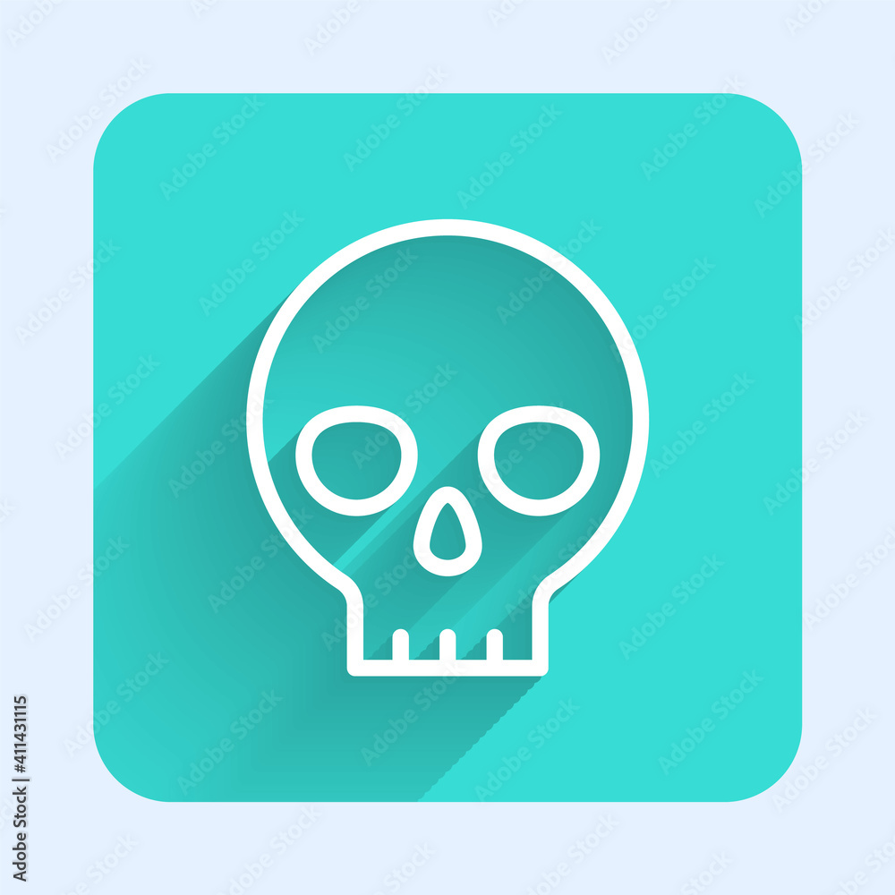 White line Human skull icon isolated with long shadow. Green square button. Vector. White line Human skull icon isolated with long shadow. Green square button. Vector.