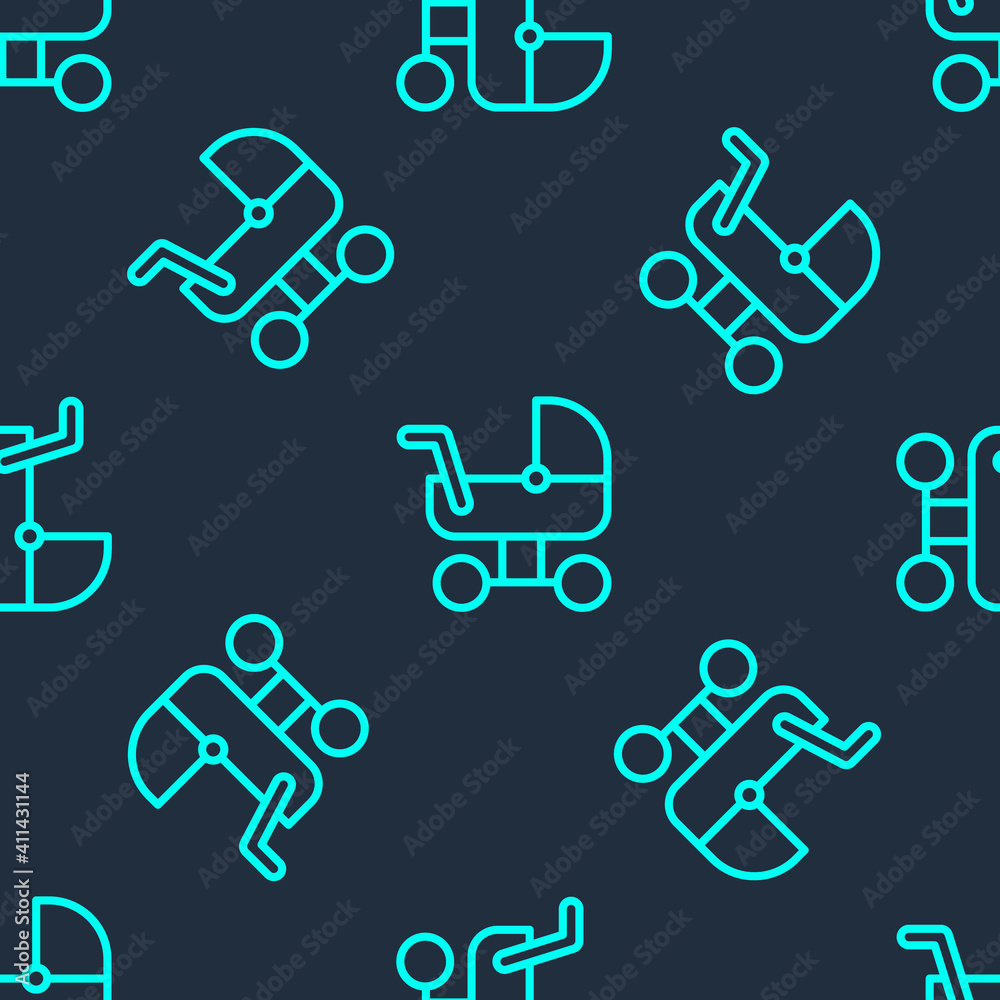 Naklejka premium Green line Baby stroller icon isolated seamless pattern on blue background. Baby carriage, buggy, pram, stroller, wheel. Vector.