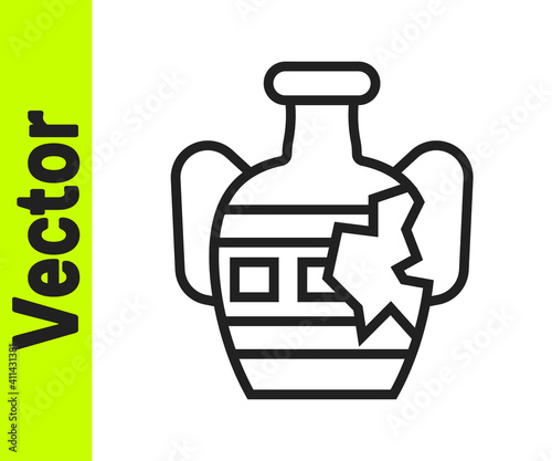 Black line Broken ancient amphorae icon isolated on white background. Vector.