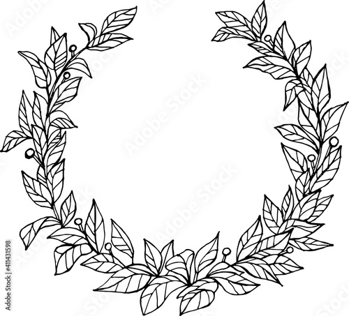 Monochrome hand drawn laurel wreath illustration.