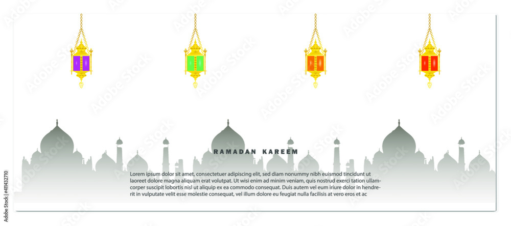 illustration of holy Ramadan Kareem with Islamic symbol crescent with Arabic pattern and lantern for Eid Mubarak days. Greeting card of Ramadan Kareem.