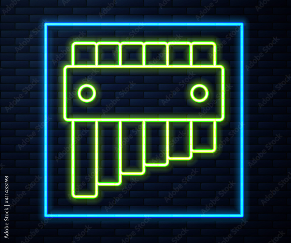Glowing neon line Pan flute icon isolated on brick wall background. Traditional peruvian musical instrument. Folk instrument from Peru, Bolivia and Mexico. Vector. Glowing neon line Pan flute icon isolated on brick wall background. Traditional peruvian musical instrument. Folk instrument from Peru, Bolivia and Mexico. Vector.