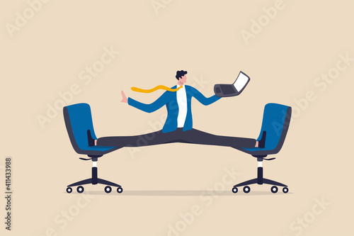 Flexible work, let employee manage their working time to finish project concept, smart relax businessman working with laptop computer stretching his leg between chairs balance like yoga. photo