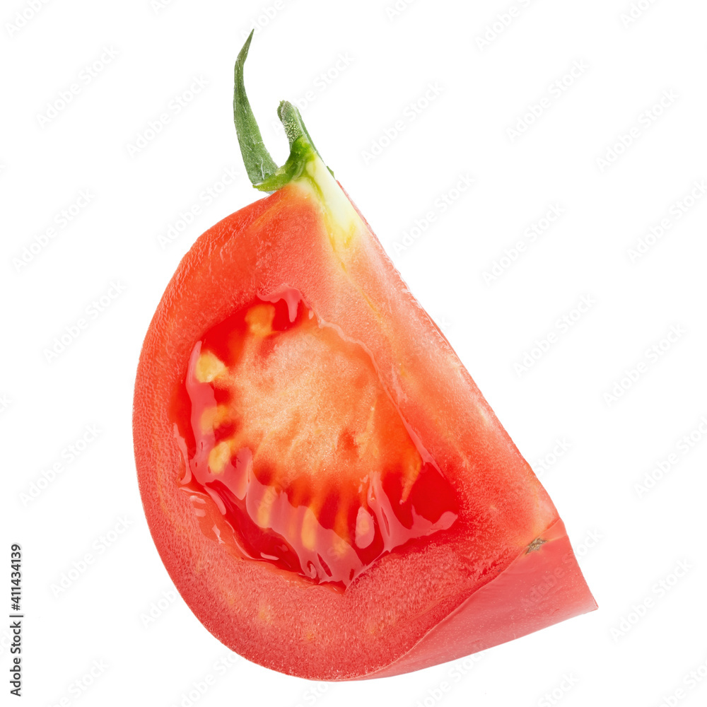 Slice of fresh, tasty, red tomato isolated on white background. Fresh berries from the home garden. Full depth of field. Slice of fresh, tasty, red tomato isolated on white background. Fresh berries from the home garden. Full depth of field.