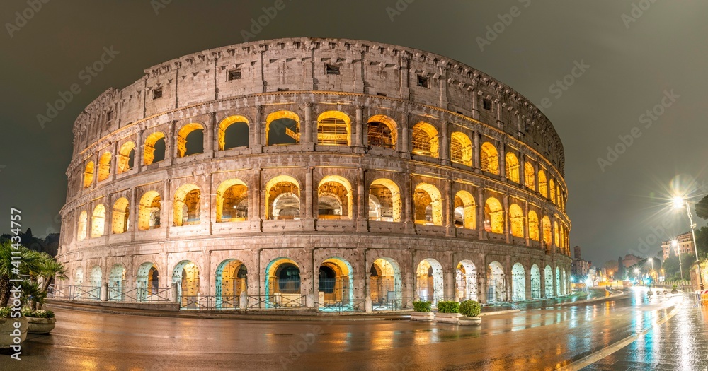 Rome, Italy - April 2019: Rainy day at Colosseum in Rome.