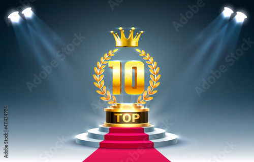 Top 10 best podium award sign, golden object. Vector photo