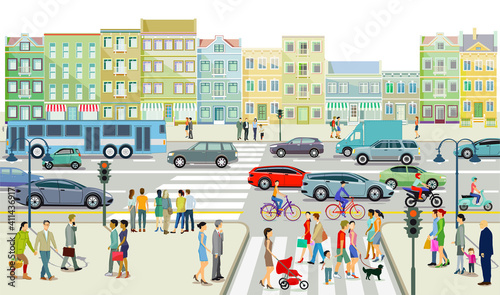 Straßenverkehr mit Menschen auf dem Bürgersteig Illustration