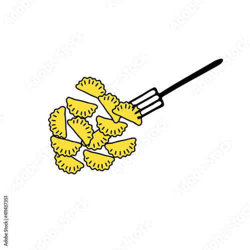Black hand-drawn outline flat vector illustration of a group of hot chebureks or dumplings with a fork isolated on a white background for holiday or dinner for cooking book