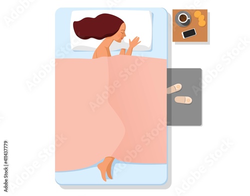 Cartoon style vector. Woman sleeps in bed, top view. Rest at home. Modern life with a smartphone. Cartoon style