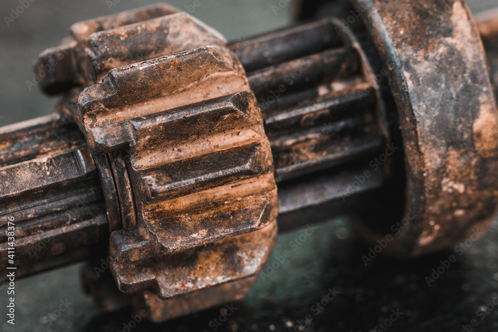 Close up chains that are part of a machine are old and dirty and stain from lubricant in industry for concept design and decorative workings. Element for steampunk art