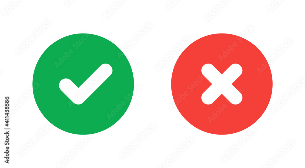 Green check mark and red cross icon.Set of simple icons in flat style: Yes/No, Approved/Disapproved, Accepted/Rejected, Right/Wrong, Correct/False, Green/Red, Ok/Not Ok. Vector illustration. Green check mark and red cross icon.Set of simple icons in flat style: Yes/No, Approved/Disapproved, Accepted/Rejected, Right/Wrong, Correct/False, Green/Red, Ok/Not Ok. Vector illustration.