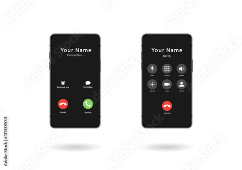 Two smartphones. Phone call screen installed. Accept button, reject button. Incoming call. Interface. Phone call screen template mockup. Vector illustration
