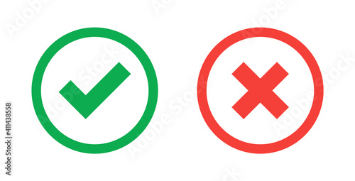 Green check mark and red cross icon.Set of simple icons in flat style: Yes/No, Approved/Disapproved, Accepted/Rejected, Right/Wrong, Correct/False, Green/Red, Ok/Not Ok. Vector illustration.