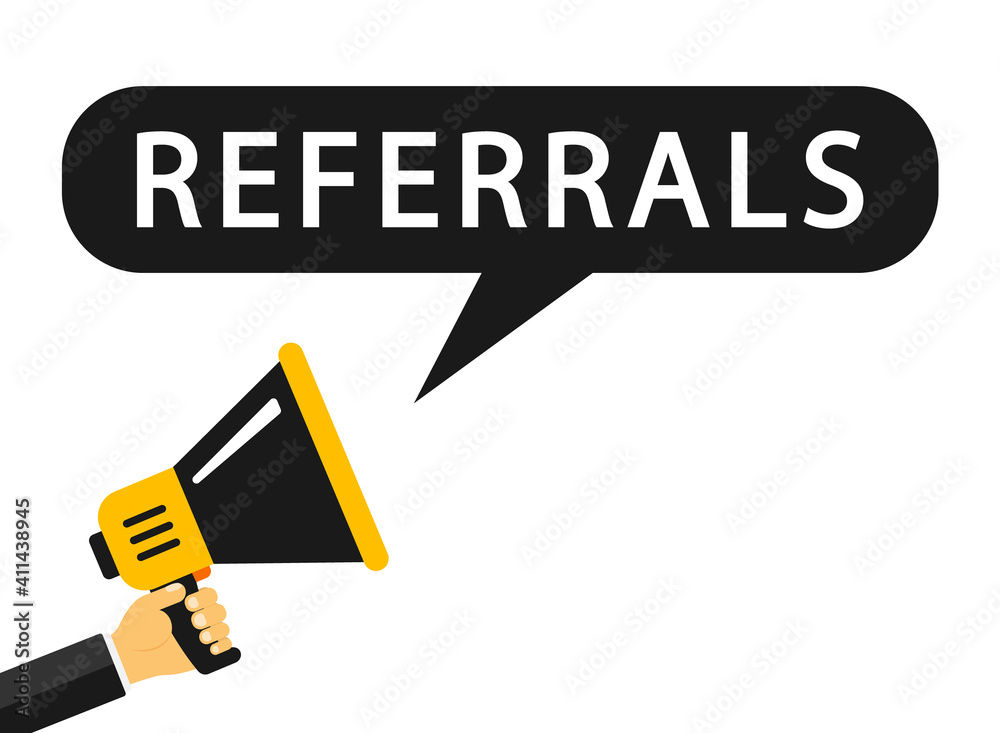 Referrals symbol. Mens hands holding a megaphone with referrals speech bubble. Megaphone banner. Speaker. Loudspeaker. Banner for business, marketing and advertising. Vector. EPS 10 Referrals symbol. Mens hands holding a megaphone with referrals speech bubble. Megaphone banner. Speaker. Loudspeaker. Banner for business, marketing and advertising. Vector. EPS 10