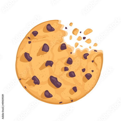Traditional delicious pastries with chocolate pieces. Broken cookies. Vector illustration in cartoon flat style.