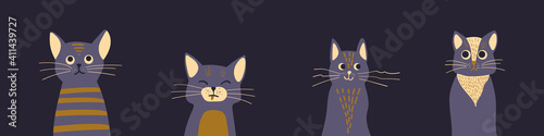 Cute cartoon cat heads on dark background. Funny kittens peeking out of the bottom of the page. Kitty banner. Vector illustration.