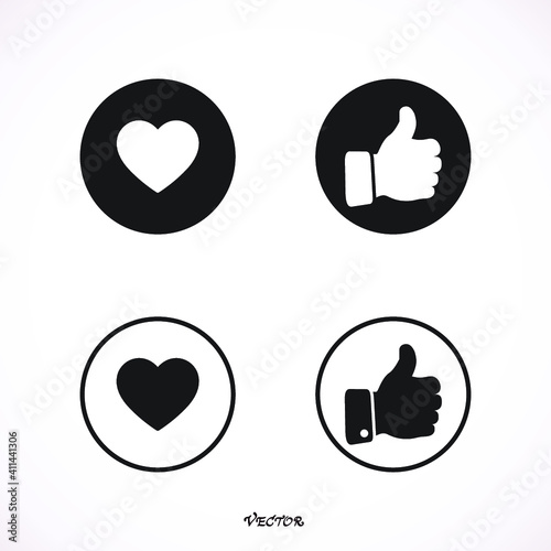 Like and heart icon set.   style circle vector icons isolated on white background
