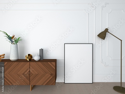mock up poster frame in modern interior background, living room, modern style, 3D render, 3D illustration