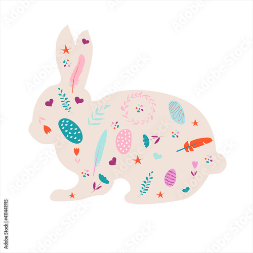 Beige rabbit silhouette with small elements in Scandinavian folk style. Vector illustration of an Easter bunny