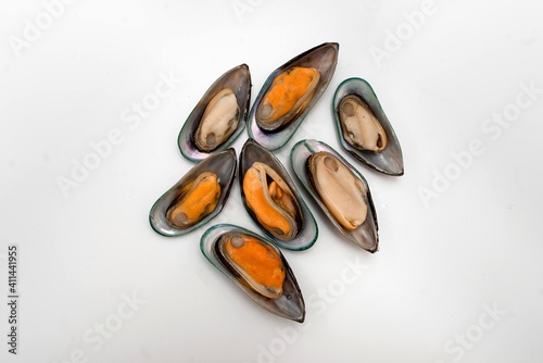 Mussels on the flaps. White background.