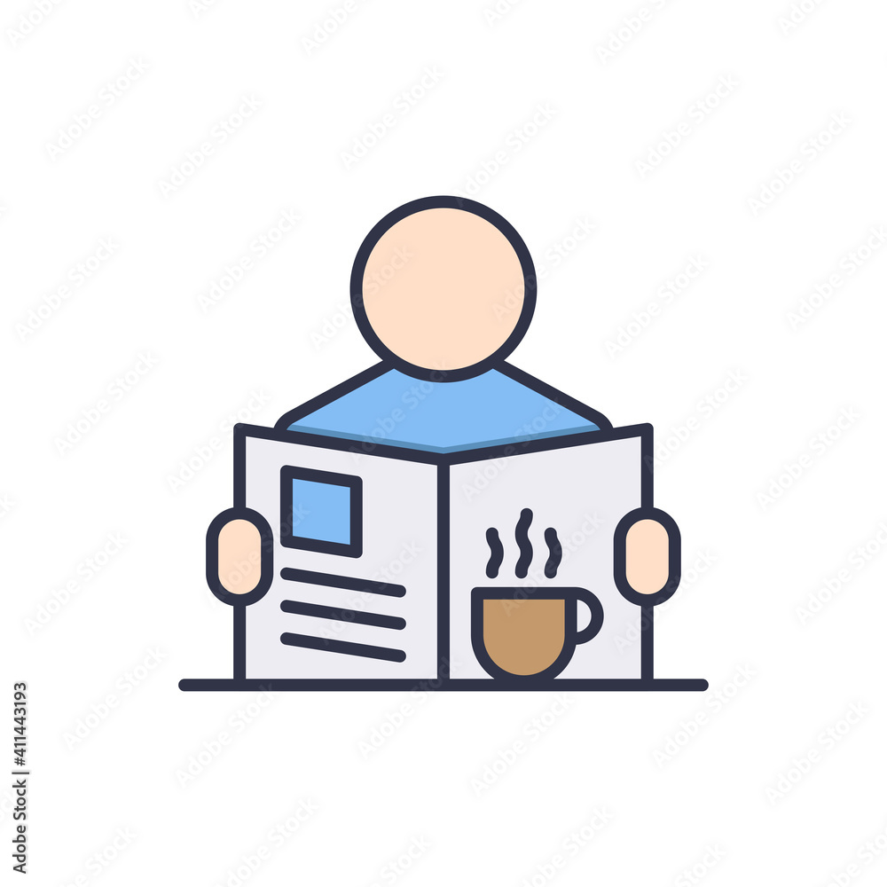 Reading newspaper with coffee and tea icon, color, line, outline vector sign, linear style pictogram isolated on white. Symbol, logo illustration