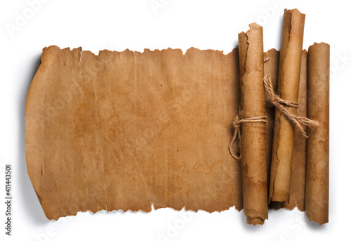 Ancient paper scrolls isolated on a white background. Top view