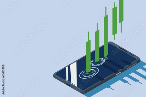 Isometric smartphone with exchange trading and stock market ,candlestick graph.concept