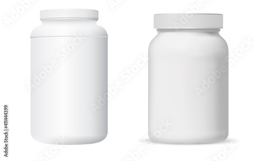 Pill jar. Vitamin supplement package. Capsule tablet can, prescription pharmacy product design. Round sport supplement or powder jar closeup. Cylinder bottle design for medication drugs