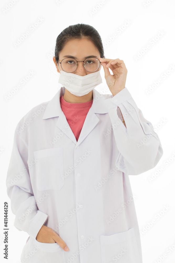 Portrait of Asian female doctor in white gown coat wearing eyes glasses in white background