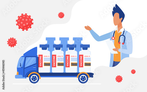 Vaccine delivery vector illustration. Cartoon courier truck delivering medical vaccine bottles first aid, doctor character advising vaccination to patient, logistics distribution technology background